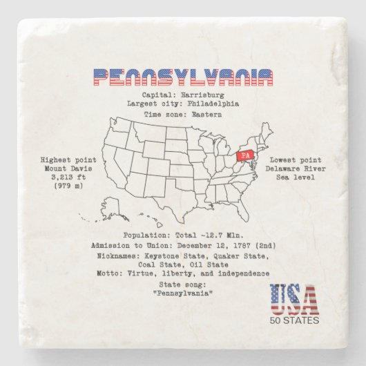 地図と詳細のペンシルベニア州アメリカの州 ストーンコースター (正面)