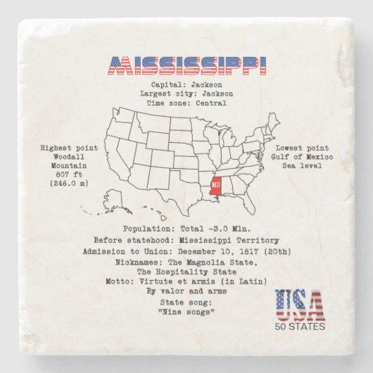 地図と詳細のミシシッピーアメリカ州 ストーンコースター (正面)