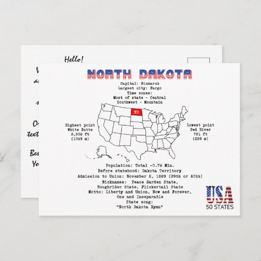 地図と詳細の北ダコタアメリカ州 シーズンポストカード (正面/裏面)