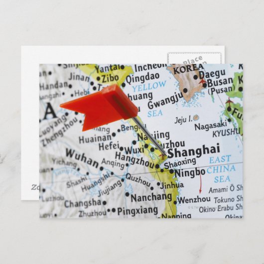 地図のピンは上海に配置され、中国は地図に、 ポストカード (正面/裏面)