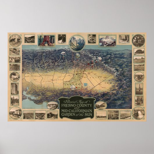 地図フレスノ郡、太陽の園の写真 ポスター (正面)