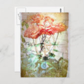 地図、コンパス、バラ葉書 ポストカード (正面/裏面)