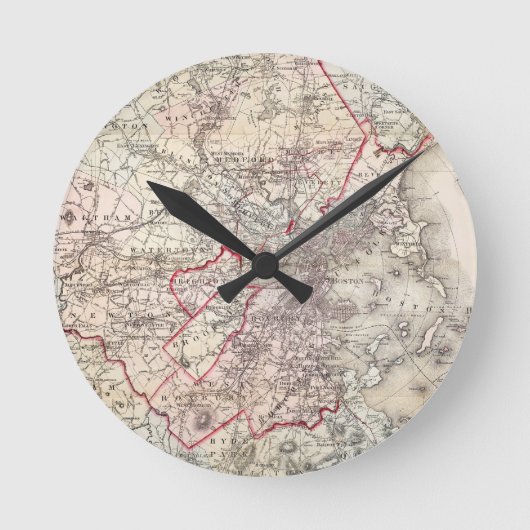 地図: ボストン1883年 ラウンド壁時計 (正面)