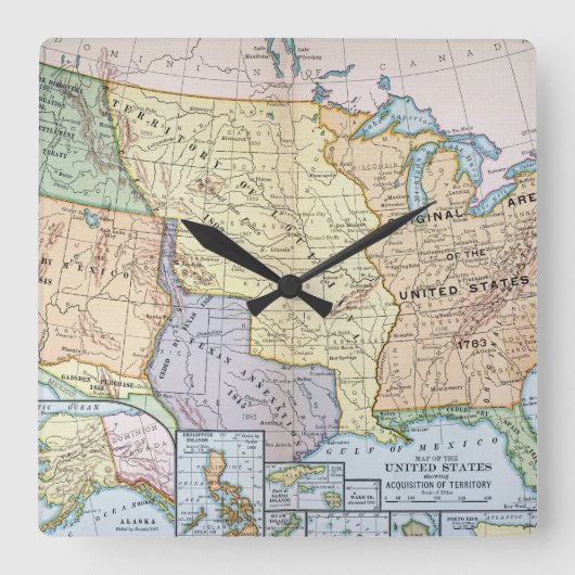 地図:米国の景気拡大, 1905 スクエア壁時計 (正面)