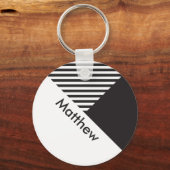 地域ミニマル白黒ストライプ名前をカスタムするラベル キーホルダー (正面)