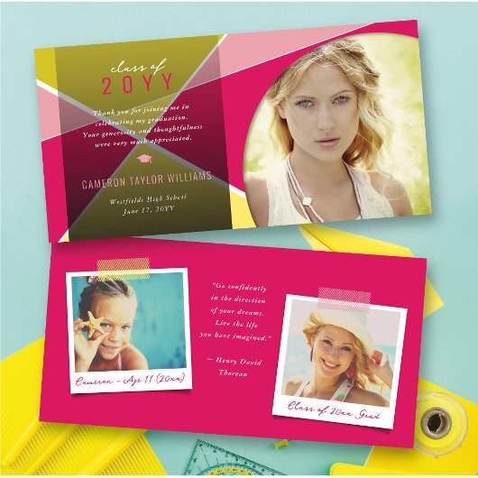 地域明るい赤紫色Crissクロスカラーブロック写真卒業 サンキューカード