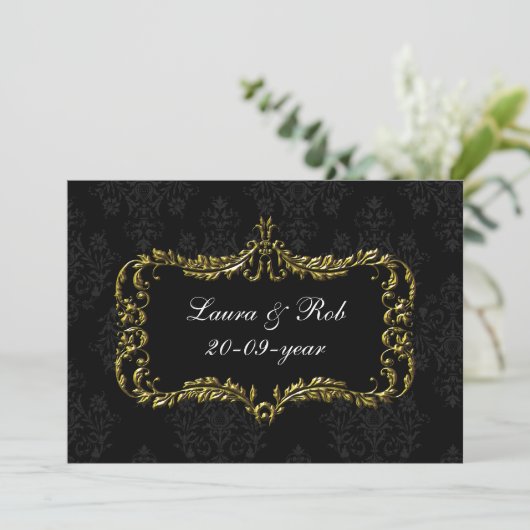 地方で栄える黒と金ゴールドのダマスク感謝していユー 招待状 (スタンド正面)