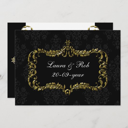 地方で栄える黒と金ゴールドのダマスク感謝していユー 招待状 (正面/裏面)