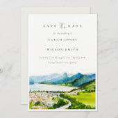 地方の湖の村の風景 水彩 セーブザデート (正面/裏面)