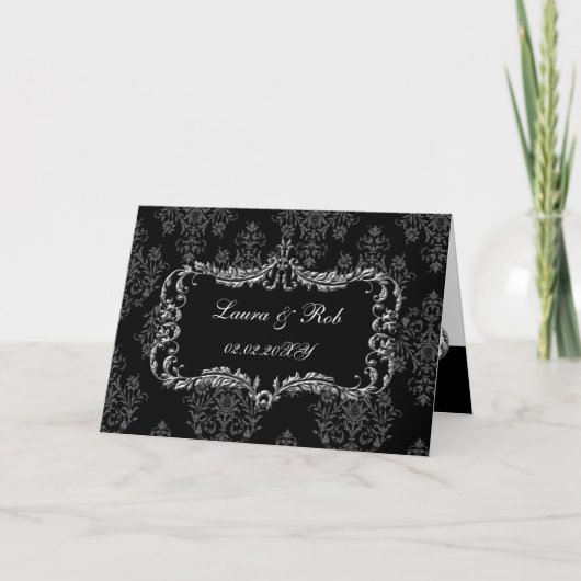 地方の繁栄する黒と灰色のダマスク感謝していあなた サンキューカード (正面)