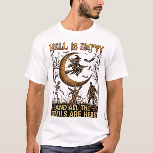 地獄が空っぽのハロウィン魔女三日月スケルトン Tシャツ (正面)