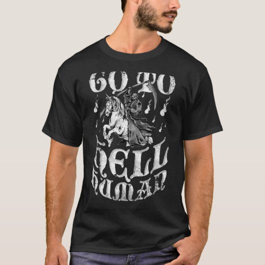 地獄に行く人間のユニコーン険しい死神ハロウィン Tシャツ (正面)