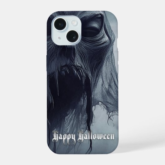 地獄のような風景の中の黒い幽霊 – ハロウィーン iPhone 15ケース (裏面)