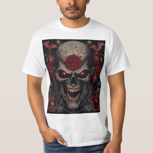 地獄のスカルキング - ダークホラー デーモンスカルアート Tシャツ (正面)