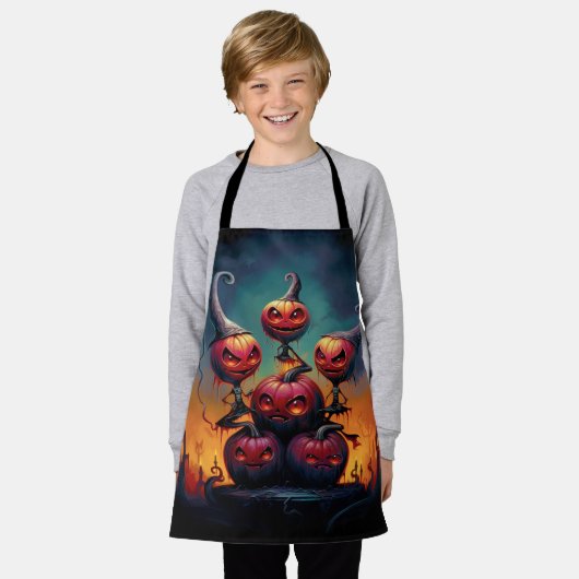 地獄の悪魔のカボチャ祝ハッピーハローウィン エプロン (着用した状態)