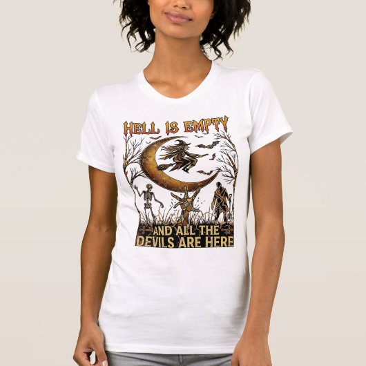 地獄は空っぽ ハロウィン 魔女 三日月 骸骨 Tシャツ (正面)