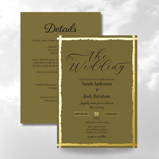 地球お洒落調のセージ黄金の階級結婚の 箔招待状