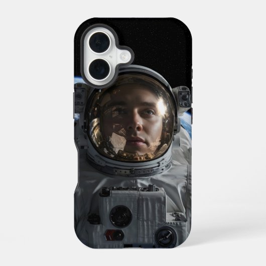 地球が見える宇宙に浮かぶ宇宙飛行士 iPhone 16ケース (裏面)