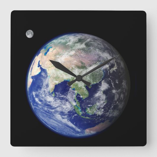 地球と月の宇宙 スクエア壁時計 (正面)
