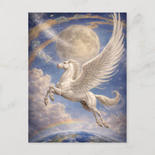 地球と月の間を飛ぶペガサスの幻想芸術 ポストカード