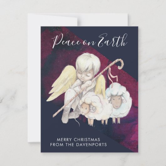 地球に子羊の平和を持つクリスマス・エンジェル・シェパード シーズンカード (正面)