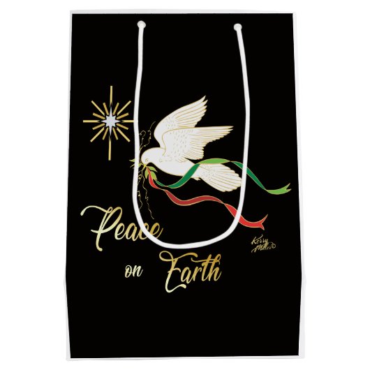 地球に平和を広める白い鳩 ミディアムペーパーバッグ (裏面)