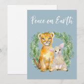 地球に平和 ライオンと羊の可愛いホリデー シーズンカード (正面/裏面)