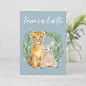 地球に平和 ライオンと羊の可愛いホリデー シーズンカード (スタンド正面)