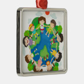 地球のまわりで手を握っている子供 メタルオーナメント (右)