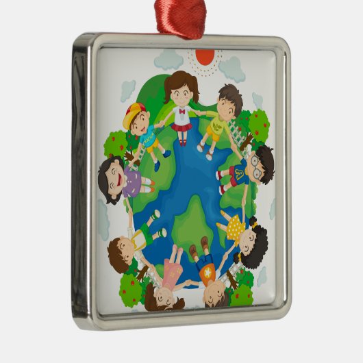 地球のまわりで手を握っている子供 メタルオーナメント (右)