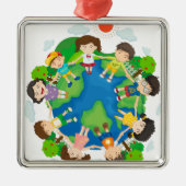 地球のまわりで手を握っている子供 メタルオーナメント (正面)
