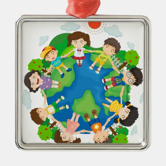 地球のまわりで手を握っている子供 メタルオーナメント (正面)