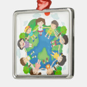 地球のまわりで手を握っている子供 メタルオーナメント (左)