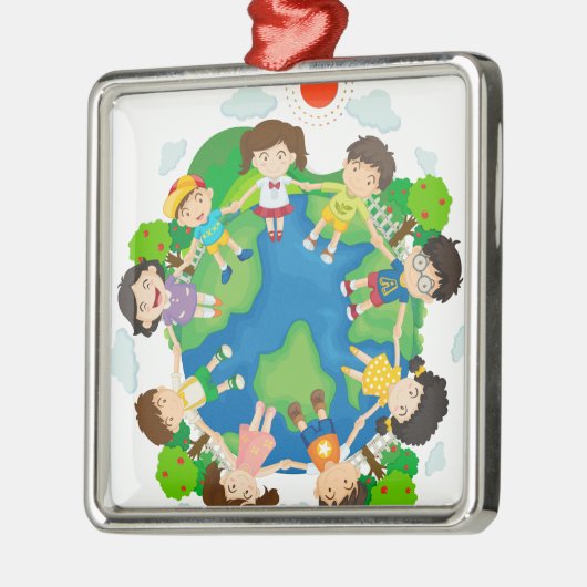 地球のまわりで手を握っている子供 メタルオーナメント (左)