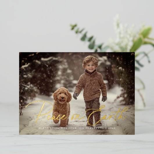 地球のエレガント平和のスクリプト写真クリスマス 箔シーズンカード (立ち正面)