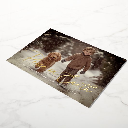 地球のエレガント平和のスクリプト写真クリスマス 箔シーズンカード (回転した状態)