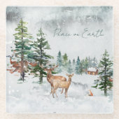 地球のクリスマスに冬の森の動物の平和 ガラスコースター (正面)