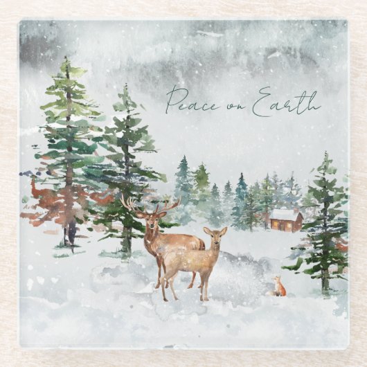 地球のクリスマスに冬の森の動物の平和 ガラスコースター (正面)