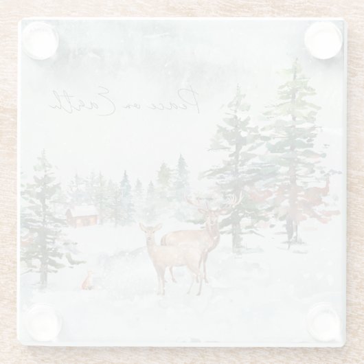 地球のクリスマスに冬の森の動物の平和 ガラスコースター (裏面)