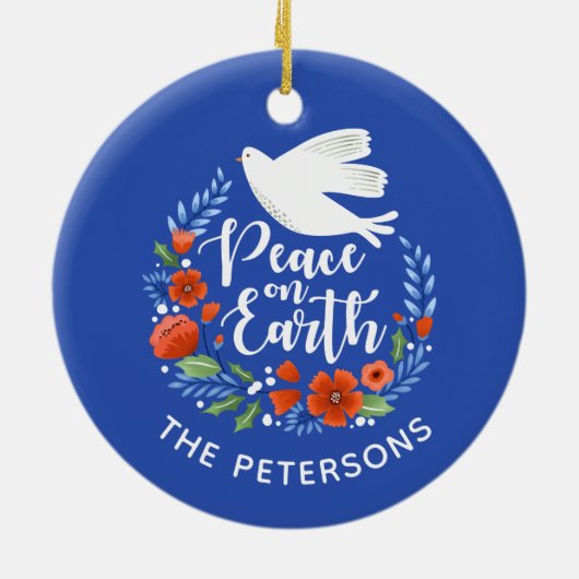 地球のクリスマスに青白いハトの平和 セラミックオーナメント (裏面)