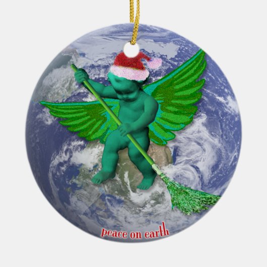 地球のクリスマスツリーのオーナメントの緑の天使の平和 セラミックオーナメント (正面)