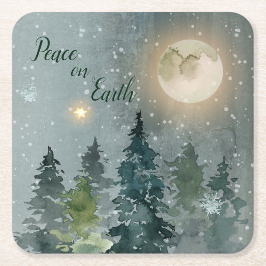 地球のモダンな水彩画のクリスマスの休日の平和 スクエアペーパーコースター (正面)