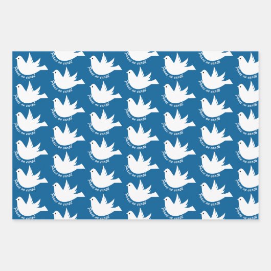 地球の平和の白い鳩の青のクリスマス ラッピングペーパーシート (正面2)