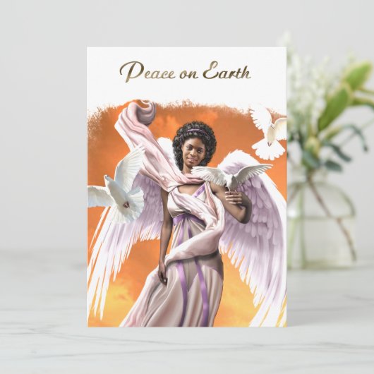 地球の平和。アフリカ系アメリカ人エンジェルクリスマス シーズンカード (スタンド正面)