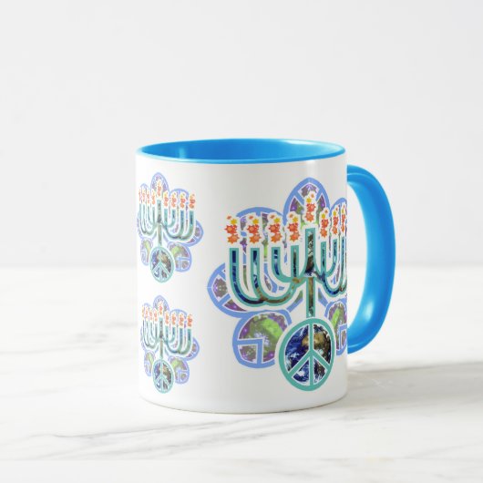地球の平和(ユダヤ教)メノラーのマグ マグカップ (正面右)