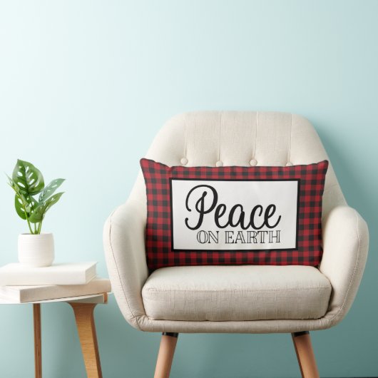 地球の平和 – 赤と黒のバッファロープレイド ランバークッション (椅子)