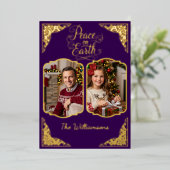 地球の平和、2つの絵、紫、金ゴールド 箔シーズンカード (立ち正面)