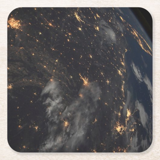 地球の惑星の上の夜の都市灯 スクエアペーパーコースター (正面)