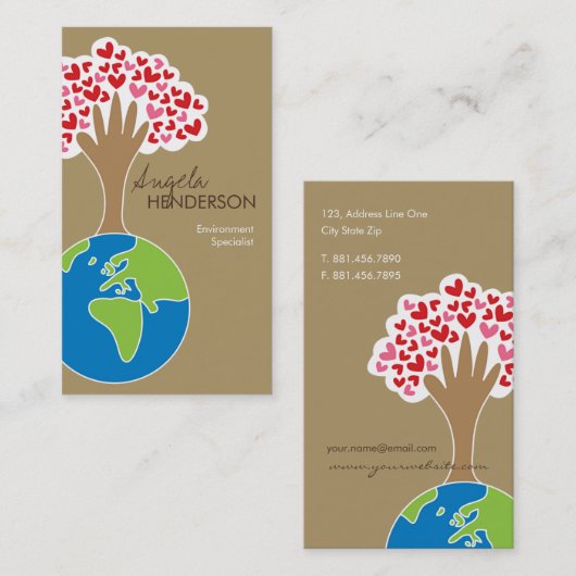 地球の手と赤とピンクのハートの愛の木 名刺 (正面/裏面)