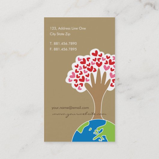 地球の手と赤とピンクのハートの愛の木 名刺 (裏面)